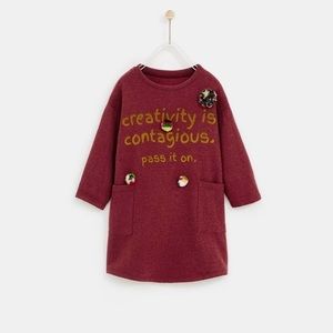 Zara Kids Girls Sweater Dress Creativity is Contagious Pom Pom Size 6